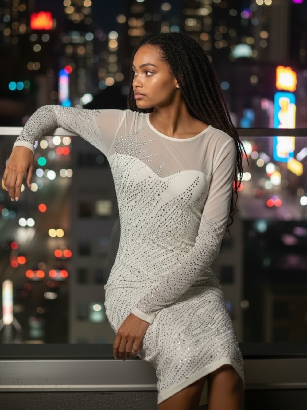 Banjul Ivory Crystal-Embellished Long-Sleeve Sheer Bodice Dress